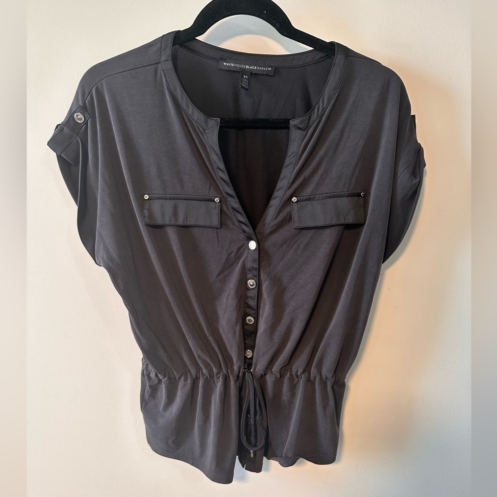 White House Black Market Snap Button Tie Waist Peplum Top Gunmetal Size XS